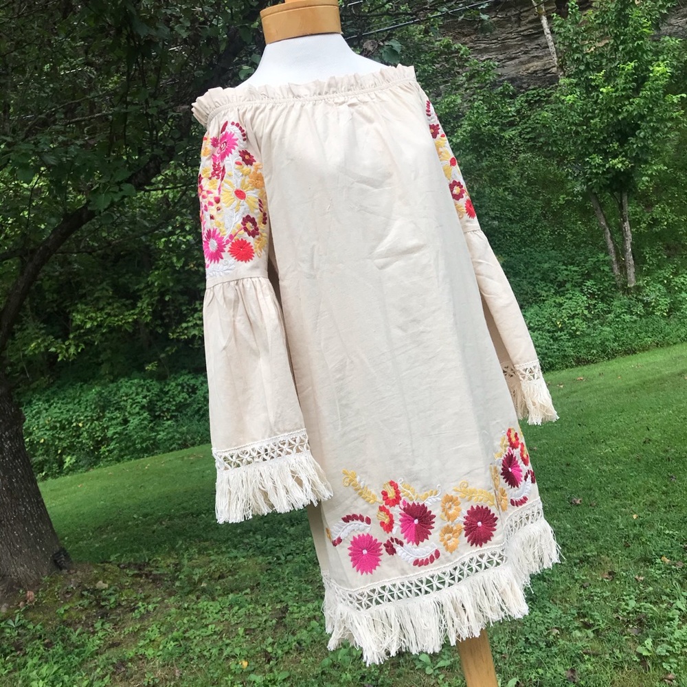 Cream Embroidered Detail Off the Shoulder Dress